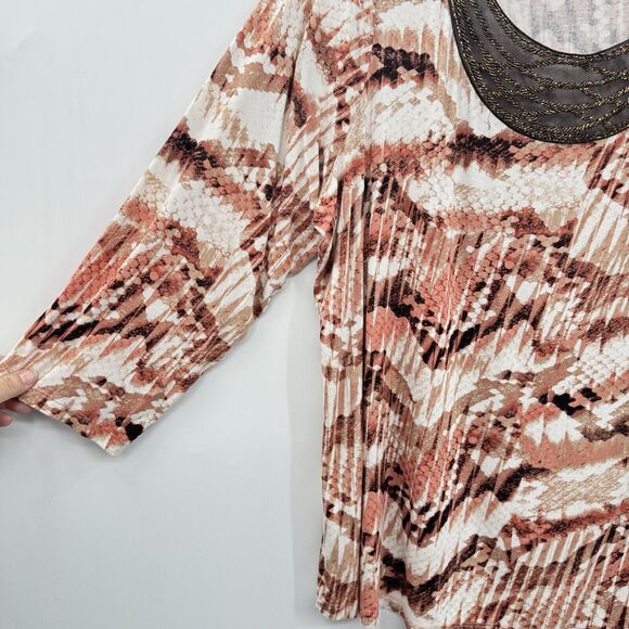 Dana Buchman Woman Beaded Knit Scoop Neck Top Size 2X Brown Pink Printed Boho - Picture 2 of 9